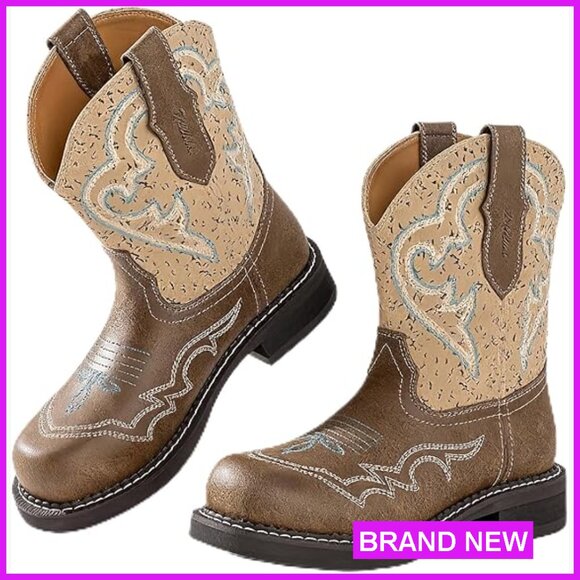 Western Cowboy Boots Mid Calf Embroidered Slip On Wide Toe Chic Boho